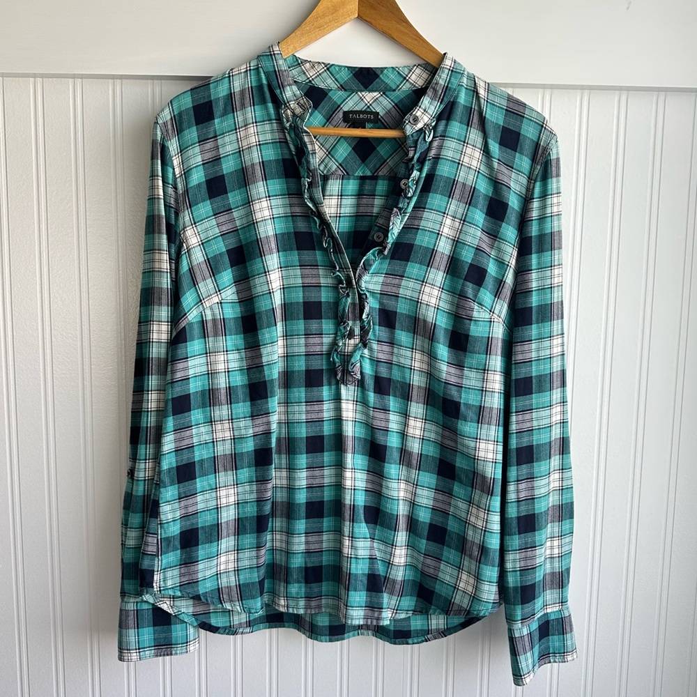 Talbots teal navy plaid popover button up shirt